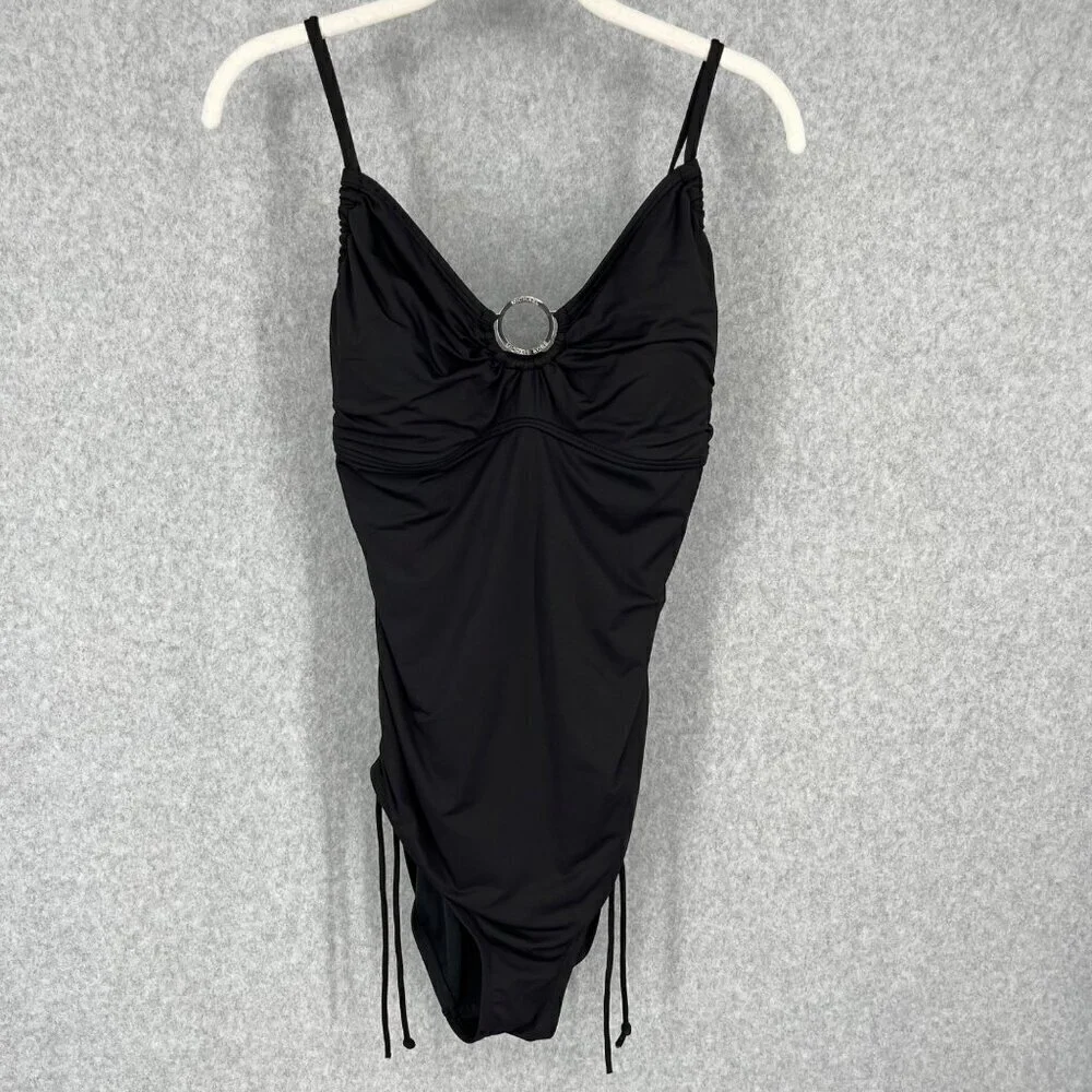 Michael Kors One Piece Swimsuit Size 10 Black Ruched Sides Adjustable Leg Logo